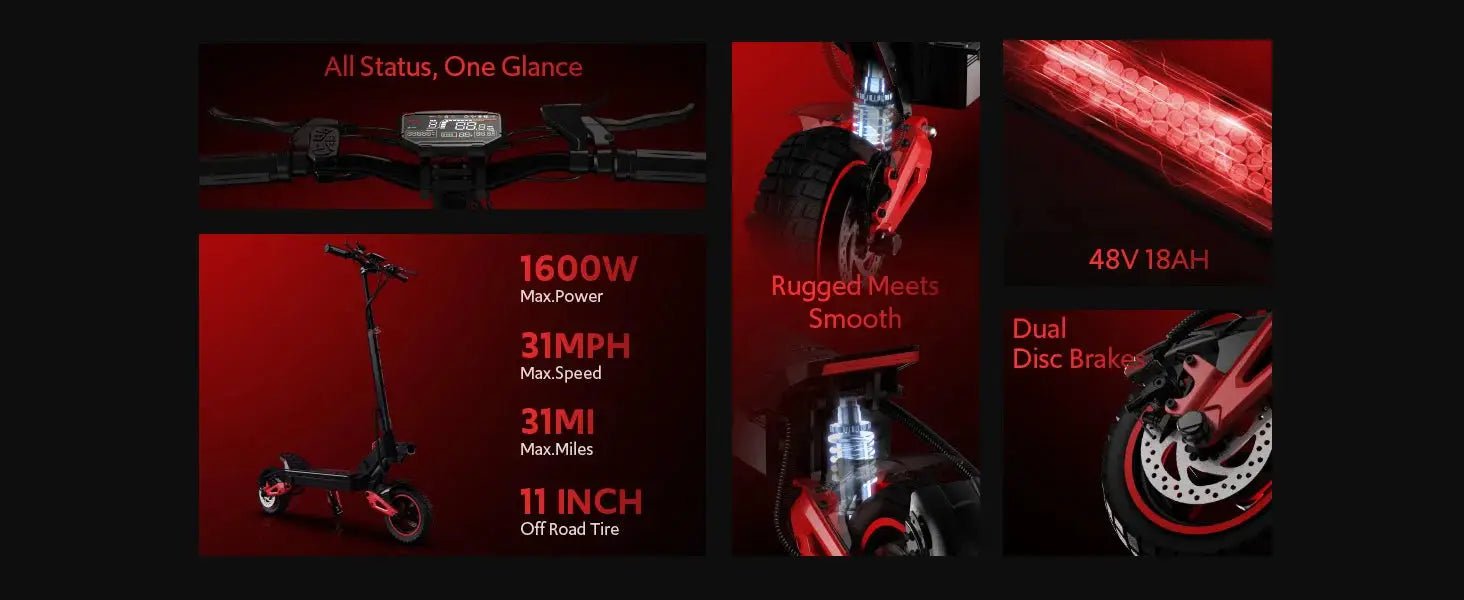 1600W Motor Adult J15 Electric Scooter Top Speed 32MPH, 48V18AH, 11 - inch Off - Road Tires Sport Folding eScooter For Commuting - PureGlamSpin