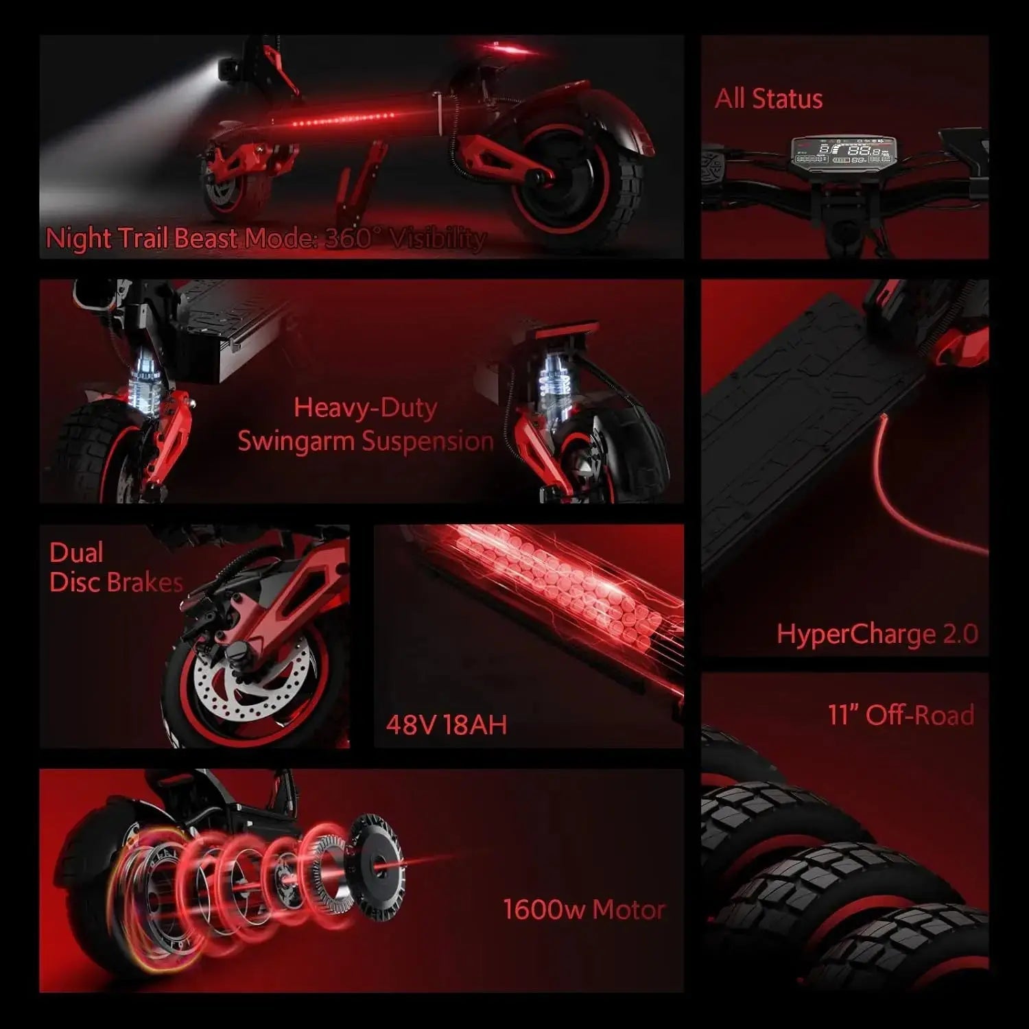 1600W Motor Adult J15 Electric Scooter Top Speed 32MPH, 48V18AH, 11 - inch Off - Road Tires Sport Folding eScooter For Commuting - PureGlamSpin