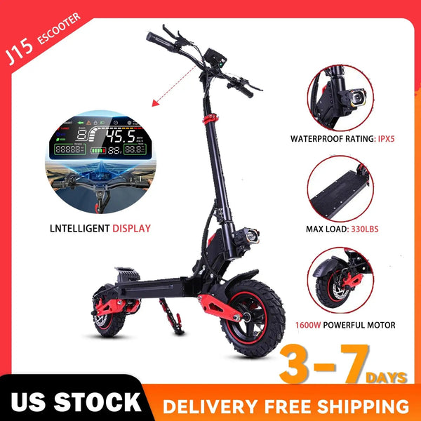1600W Motor Adult J15 Electric Scooter Top Speed 32MPH, 48V18AH, 11 - inch Off - Road Tires Sport Folding eScooter For Commuting - PureGlamSpin