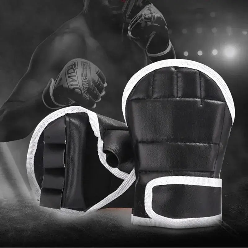 1Pair Black Half Finger Boxing Gloves PU Leather Fighting Kick Boxing Gloves Karate Muay Thai Training Workout Gloves Kids Men - KC’s Way‼️🥊