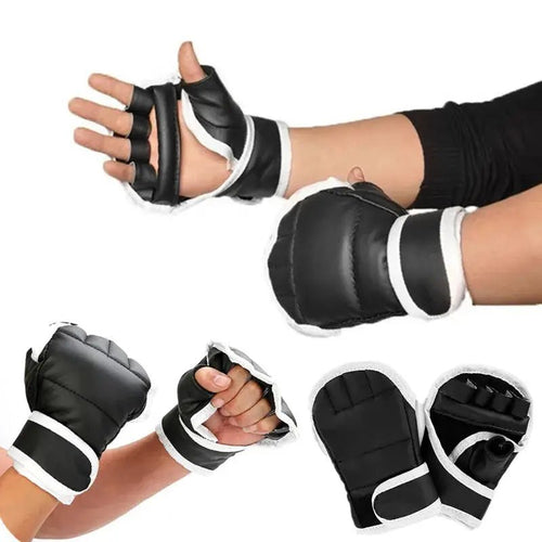 1Pair Black Half Finger Boxing Gloves PU Leather Fighting Kick Boxing Gloves Karate Muay Thai Training Workout Gloves Kids Men - KC’s Way‼️🥊