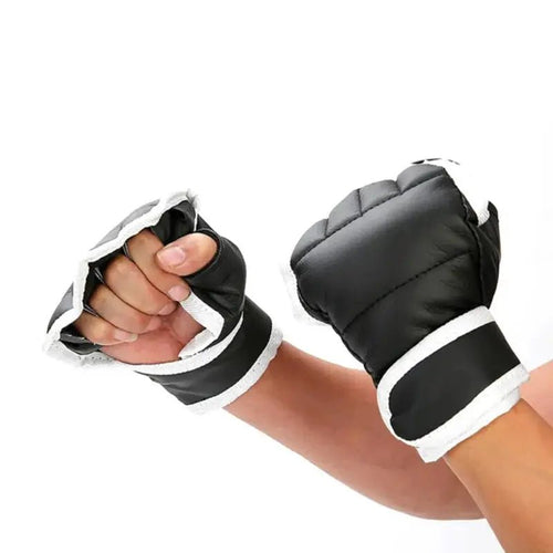 1Pair Black Half Finger Boxing Gloves PU Leather Fighting Kick Boxing Gloves Karate Muay Thai Training Workout Gloves Kids Men - KC’s Way‼️🥊