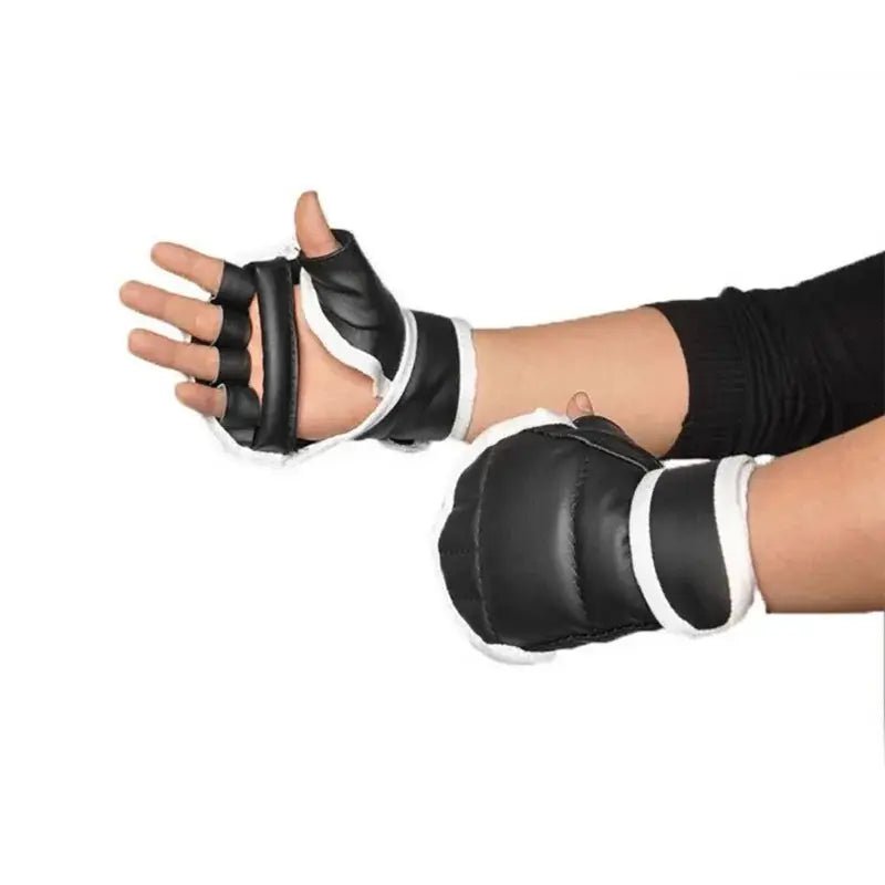 1Pair Black Half Finger Boxing Gloves PU Leather Fighting Kick Boxing Gloves Karate Muay Thai Training Workout Gloves Kids Men - KC’s Way‼️🥊