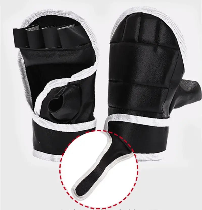 1Pair Black Half Finger Boxing Gloves PU Leather Fighting Kick Boxing Gloves Karate Muay Thai Training Workout Gloves Kids Men - KC’s Way‼️🥊