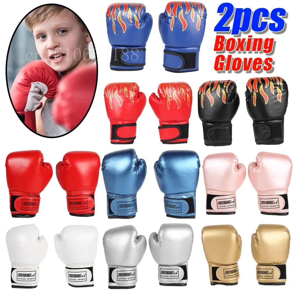 2Pcs Kids Boxing Gloves Children Punch Training Sparring Kickboxing Fighting Fitness Mitts Hitting Hand Protector Blue Black Red - KC’s Way‼️🥊