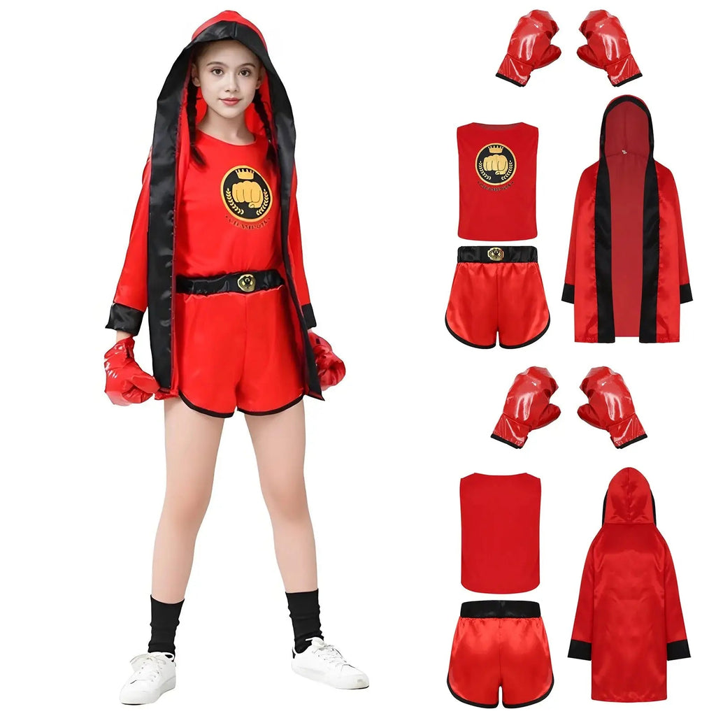 Boys Girls Boxing Outfit Costume Kickboxing Hooded Cloak Top Shorts And Hooded Outwear Gloves Halloween Grappling Muay Thai Set - KC’s Way‼️🥊