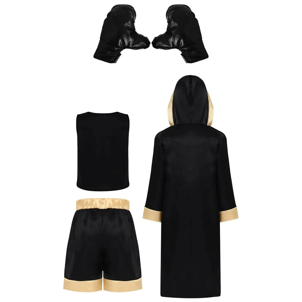 Boys Girls Boxing Outfit Costume Kickboxing Hooded Cloak Top Shorts And Hooded Outwear Gloves Halloween Grappling Muay Thai Set - KC’s Way‼️🥊