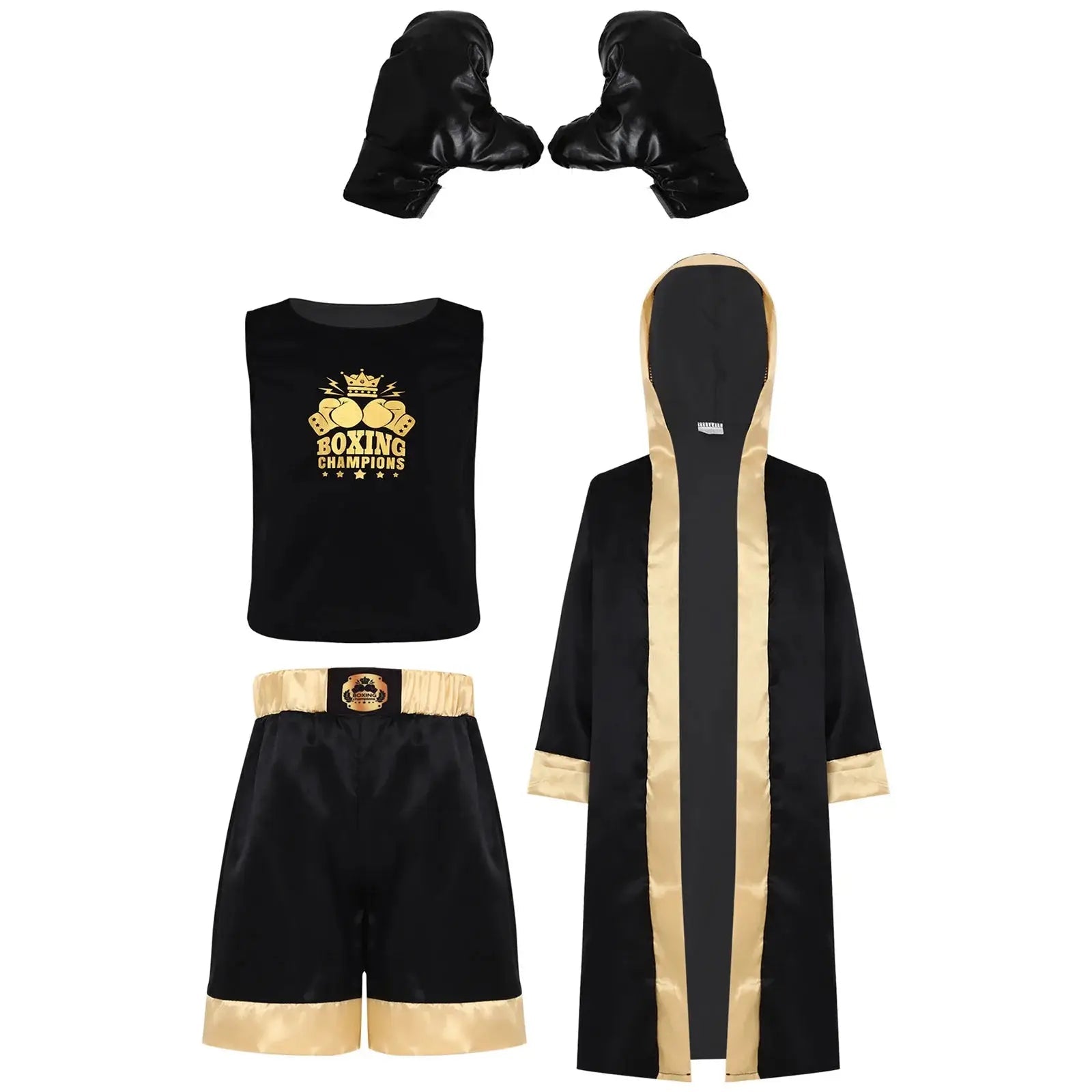 Boys Girls Boxing Outfit Costume Kickboxing Hooded Cloak Top Shorts And Hooded Outwear Gloves Halloween Grappling Muay Thai Set - KC’s Way‼️🥊