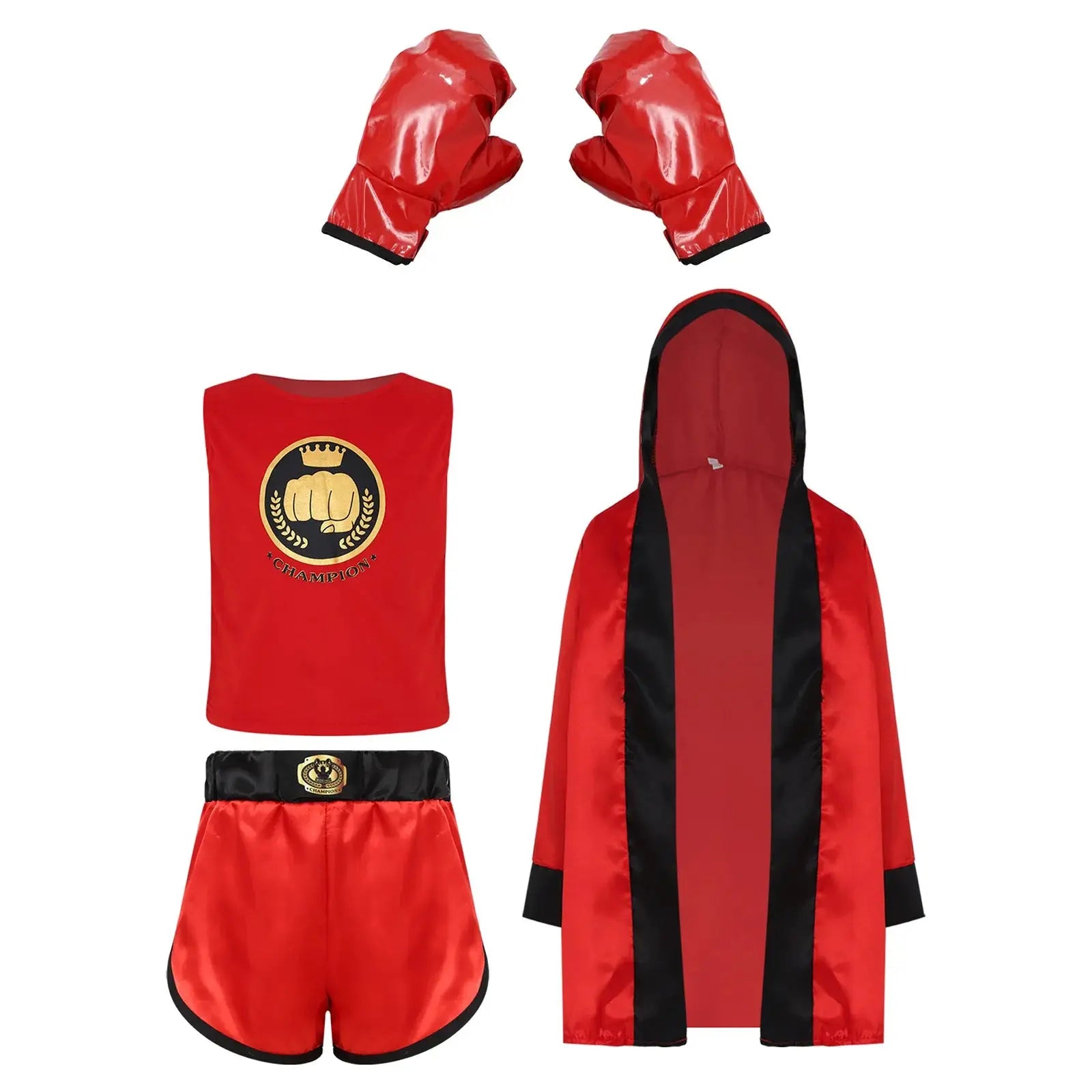 Boys Girls Boxing Outfit Costume Kickboxing Hooded Cloak Top Shorts And Hooded Outwear Gloves Halloween Grappling Muay Thai Set - KC’s Way‼️🥊