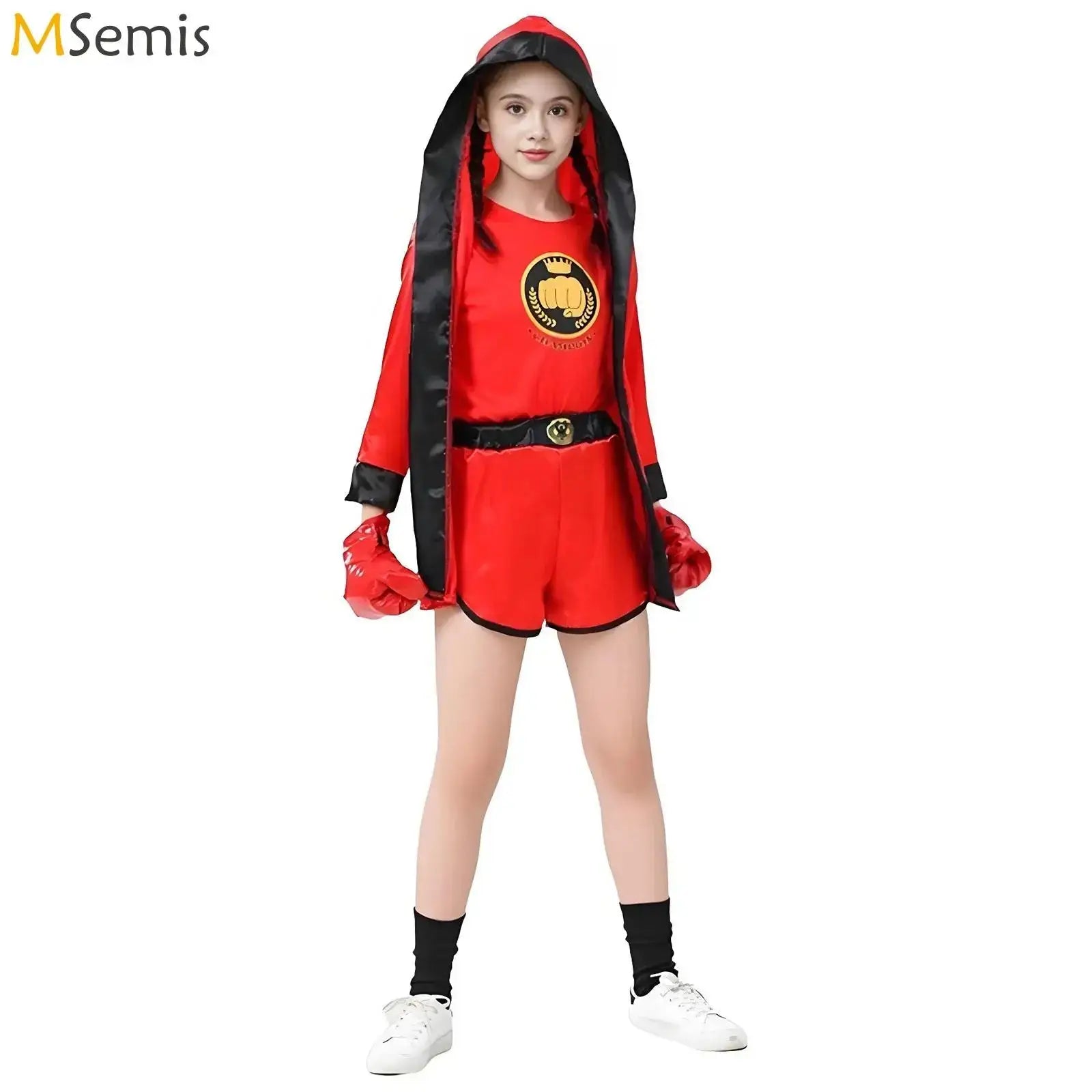 Boys Girls Boxing Outfit Costume Kickboxing Hooded Cloak Top Shorts And Hooded Outwear Gloves Halloween Grappling Muay Thai Set - KC’s Way‼️🥊