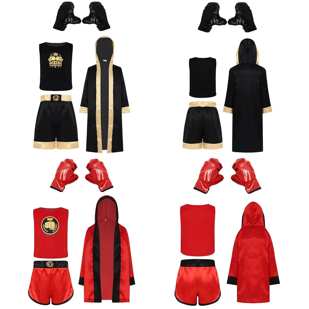 Boys Girls Boxing Outfit Costume Kickboxing Hooded Cloak Top Shorts And Hooded Outwear Gloves Halloween Grappling Muay Thai Set - KC’s Way‼️🥊