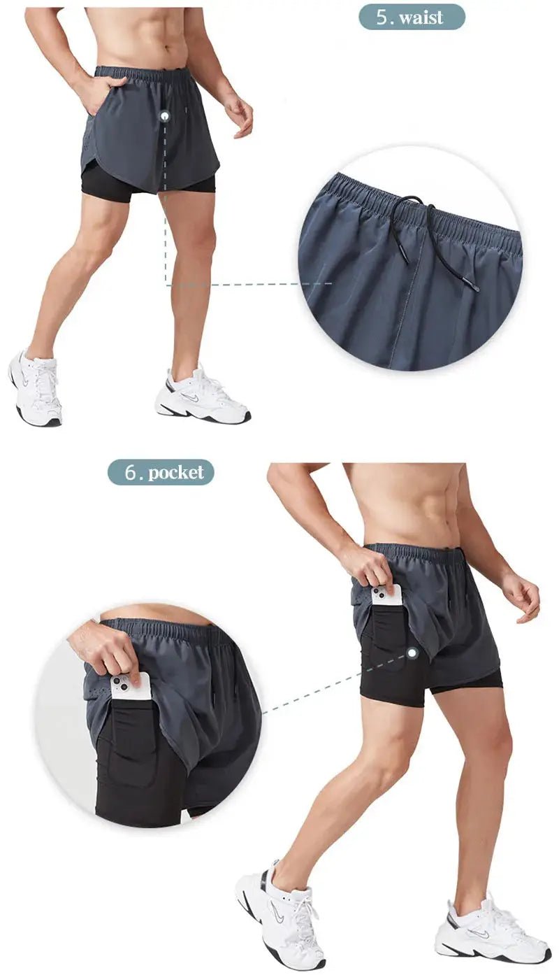 Men's Running Shorts Quick - drying Fitness Black Double Layer Shorts Men New Sport Workout Training Bodybuilding Short Pants - KC’s Way‼️🥊